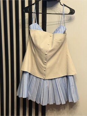 Zara Cream Corset Bodice with Blue-White Striped Pleated Skirt Mini Dress